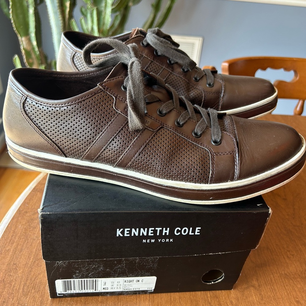 Kenneth Cole Brown Leather Sneakers with Perforated Design Men’s size 10